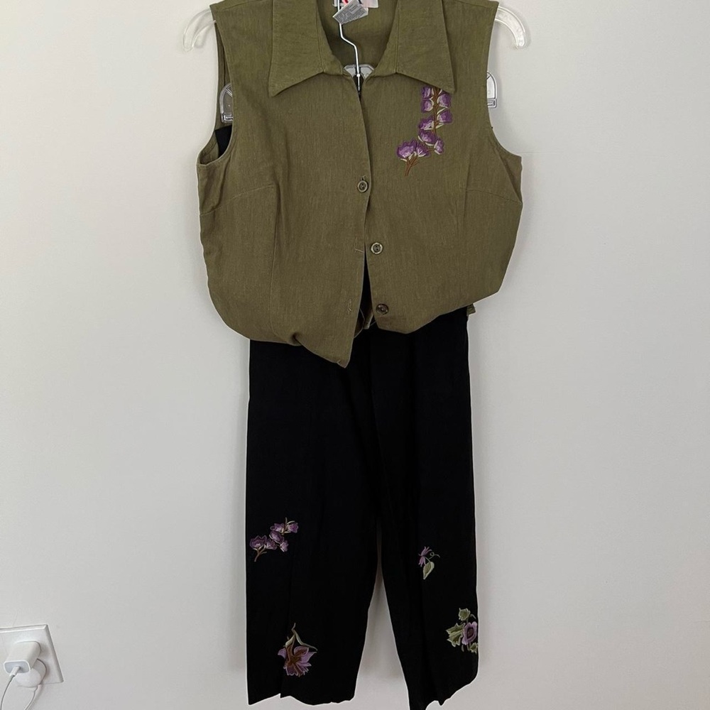 Vintage linen-blend embroidered 2-piece pant set - size 10, coastal grandma